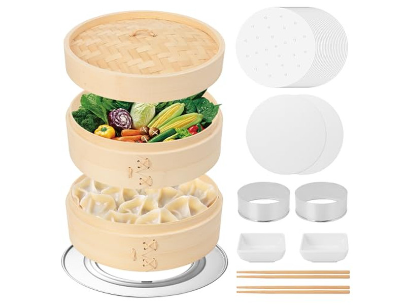 Cesta de Vapor de Bambu para Alimentos a Gás com Silicone