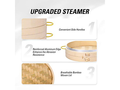 Cesta de Vapor de Bambu de 3 Camadas para Cozinha
