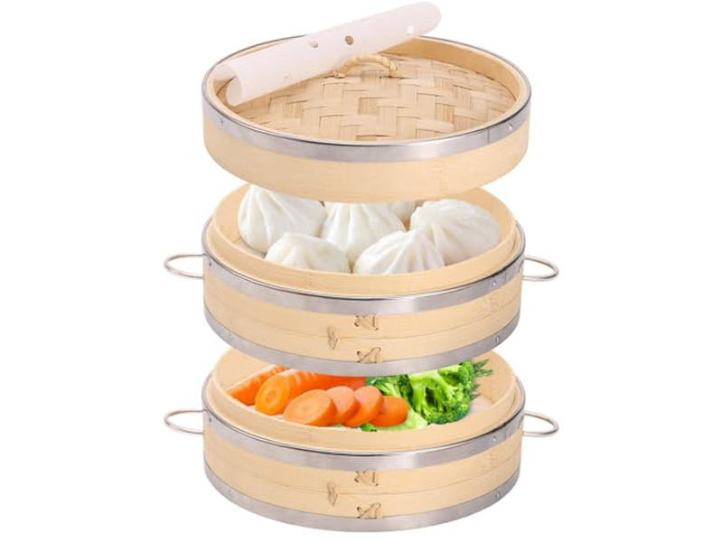 Panela Dourada de Arroz a Gás com Cesta de Vapor de Bambu