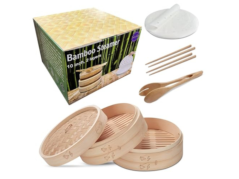 Cesta de Vapor de Bambu com Tampa para Panela Funda